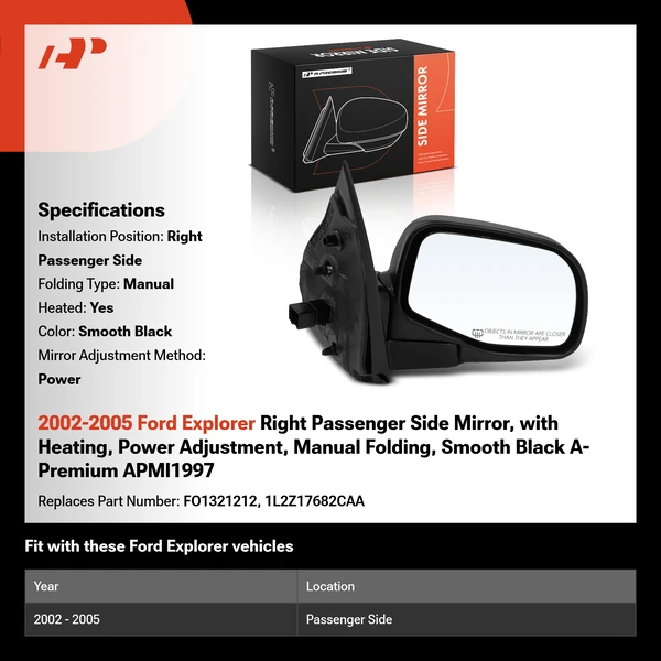 2002-2005 Ford Explorer Right Passenger Side Mirror, with Heating, Power Adjustment, Manual Folding, Smooth Black A-Premium APMI1997