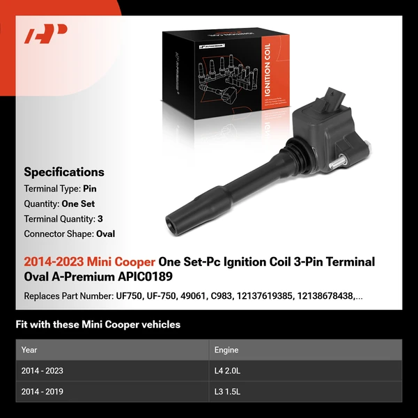 2014-2023 Mini Cooper One Set-Pc Ignition Coil 3-Pin Terminal Oval A-Premium APIC0189