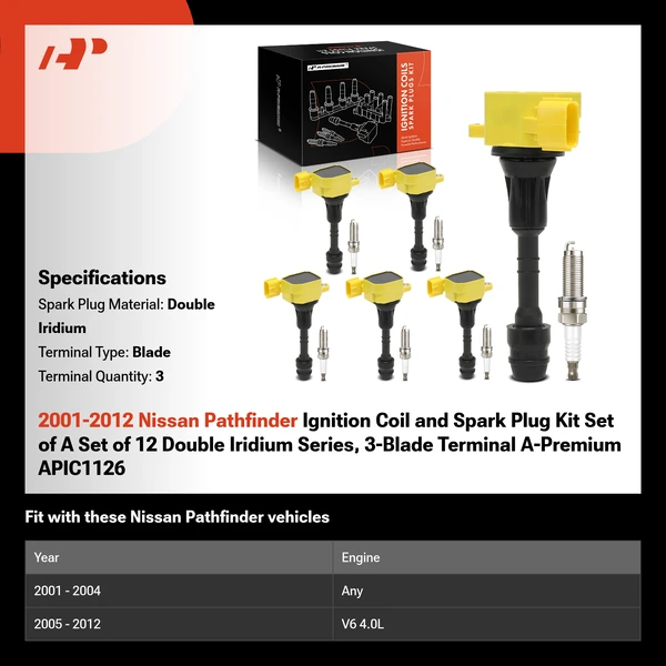 2001-2012 Nissan Pathfinder Ignition Coil and Spark Plug Kit Set of A Set of 12 Double Iridium Series, 3-Blade Terminal A-Premium APIC1126