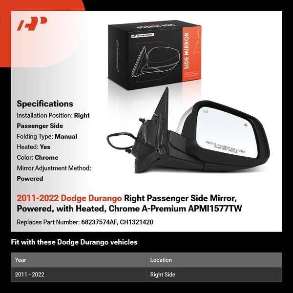 2011-2022 Dodge Durango Right Passenger Side Mirror, Powered, with Heated, Chrome A-Premium APMI1577TW