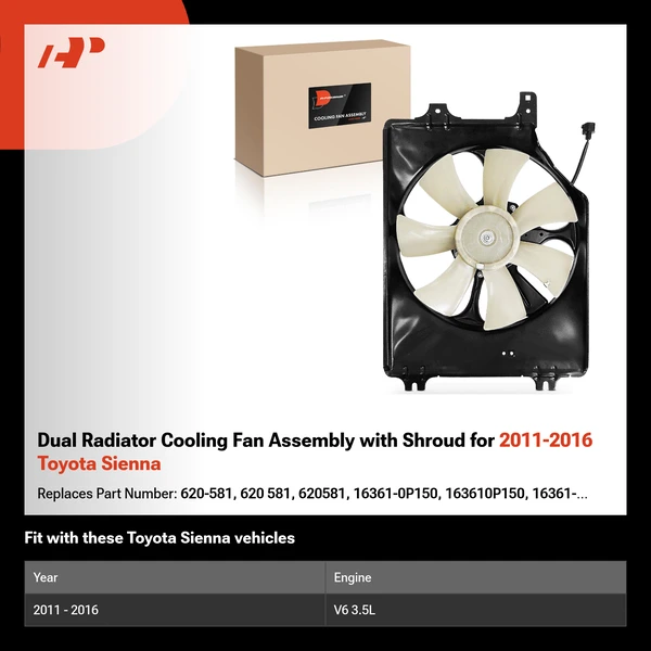 Dual Radiator Cooling Fan Assembly with Shroud for 2011-2016 Toyota Sienna
