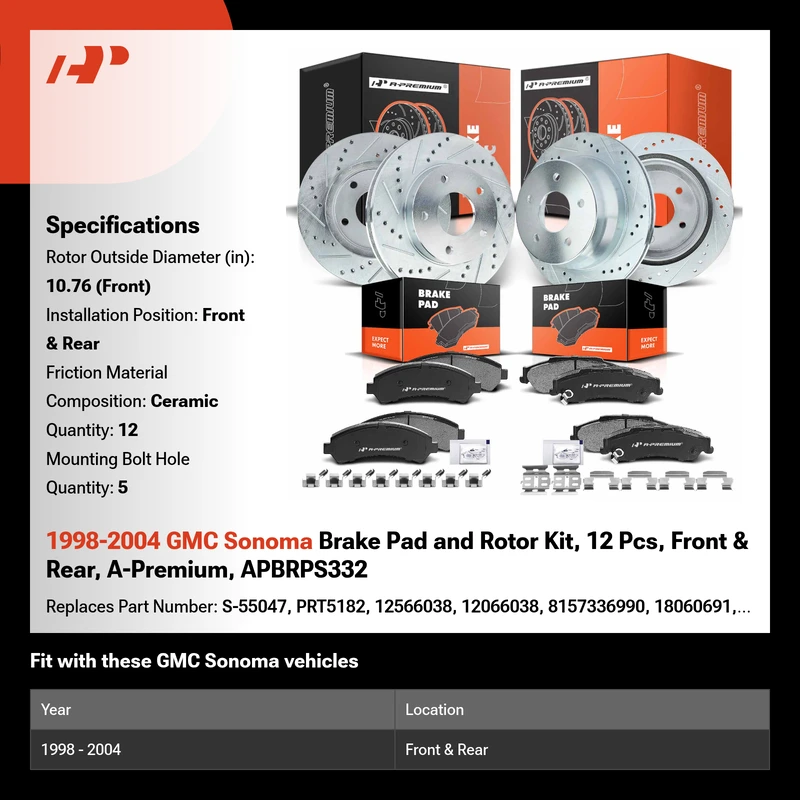 1998-2004 GMC Sonoma Brake Pad and Rotor Kit, 12 Pcs, Front & Rear, A-Premium, APBRPS332