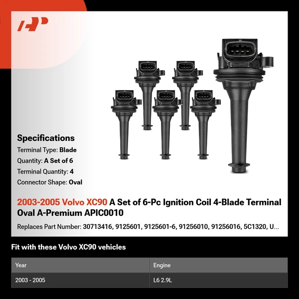 2003-2005 Volvo XC90 A Set of 6-Pc Ignition Coil 4-Blade Terminal Oval A-Premium APIC0010