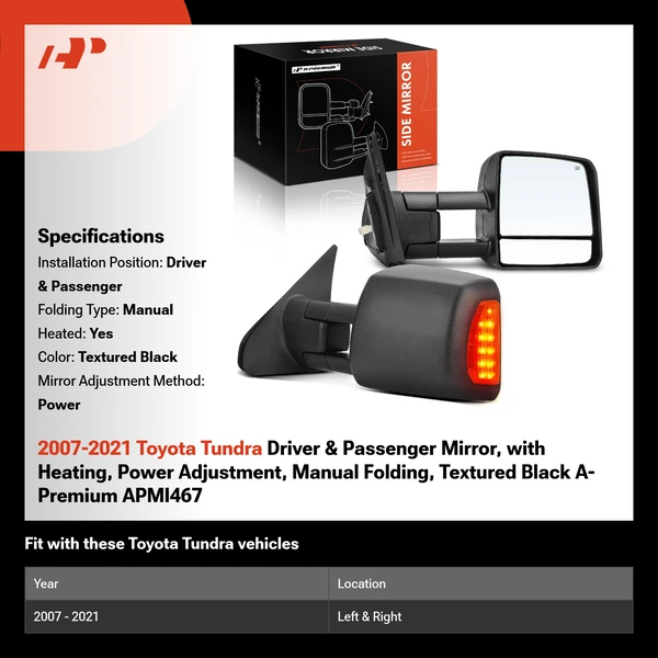 2007-2021 Toyota Tundra Driver & Passenger Mirror, with Heating, Power Adjustment, Manual Folding, Textured Black A-Premium APMI467