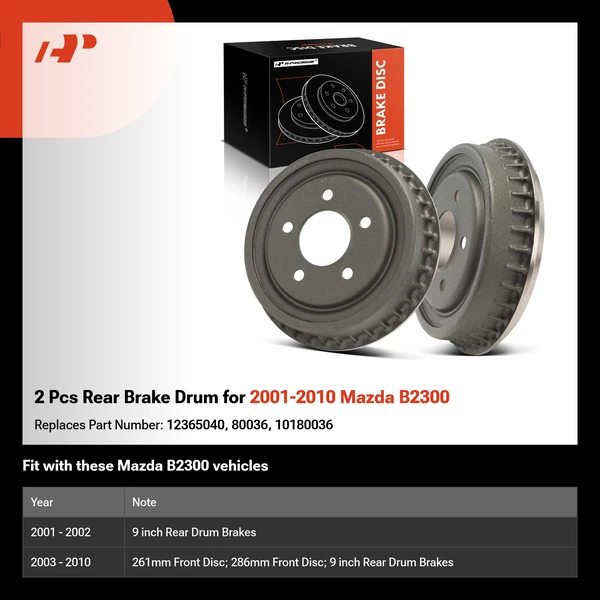 2 Pcs Rear Brake Drum for 2001-2010 Mazda B2300