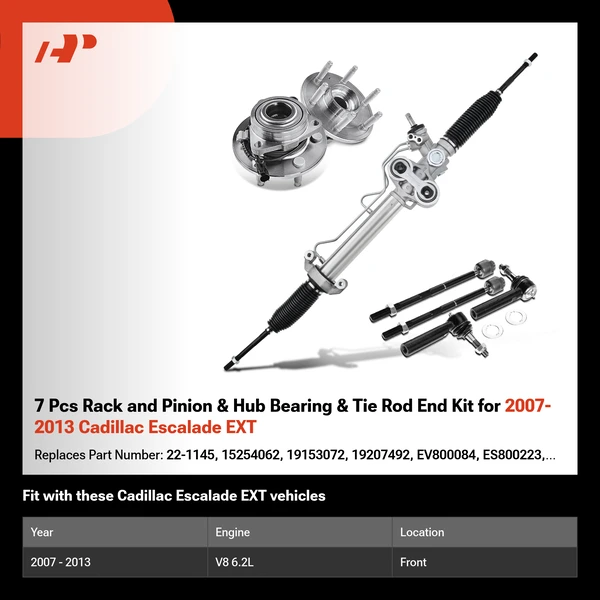 7 Pcs Rack and Pinion & Hub Bearing & Tie Rod End Kit for 2007-2013 Cadillac Escalade EXT