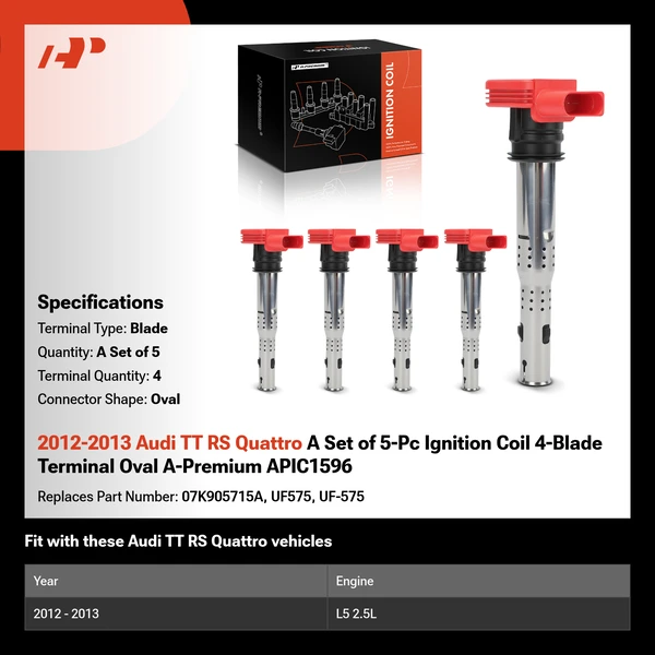 2012-2013 Audi TT RS Quattro A Set of 5-Pc Ignition Coil 4-Blade Terminal Oval A-Premium APIC1596