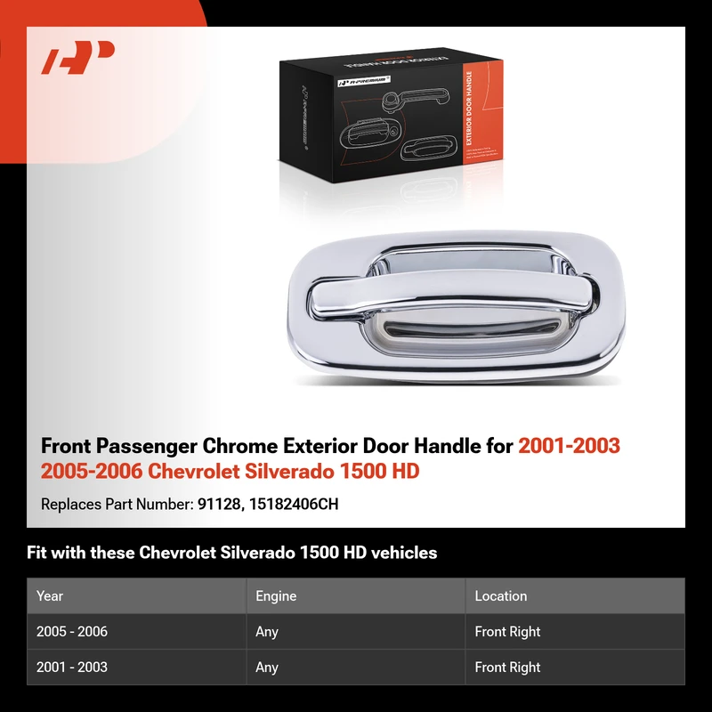 Front Passenger Chrome Exterior Door Handle for 2001-2003 2005-2006 Chevrolet Silverado 1500 HD
