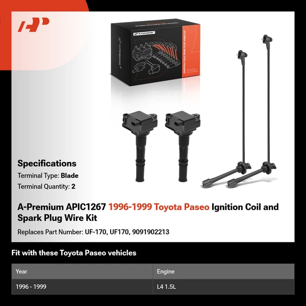 A-Premium APIC1267 1996-1999 Toyota Paseo Ignition Coil and Spark Plug Wire Kit