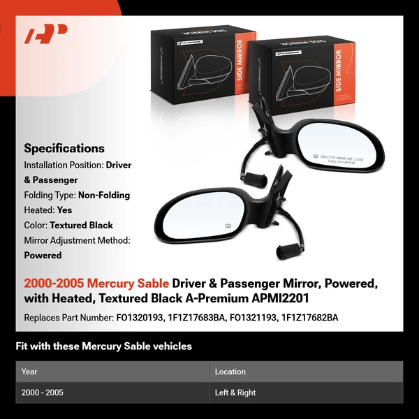 2000-2005 Mercury Sable Driver & Passenger Mirror, Powered, with Heated, Textured Black A-Premium APMI2201