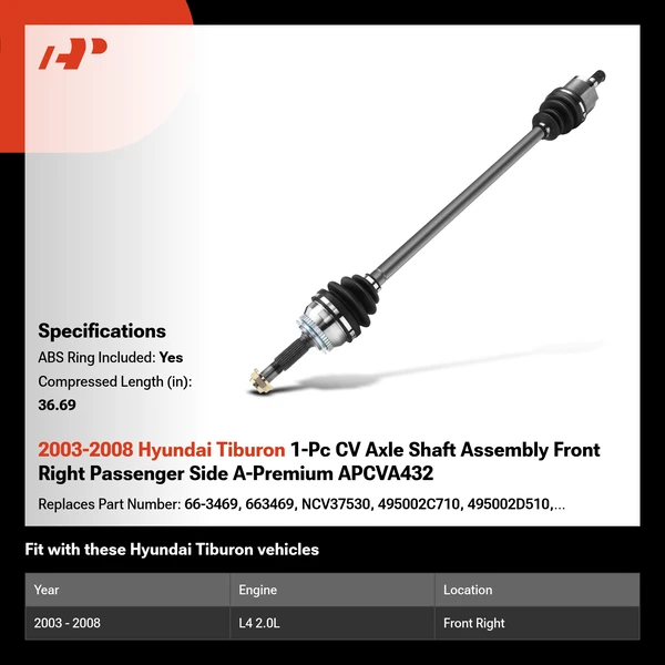 2003-2008 Hyundai Tiburon 1-Pc CV Axle Shaft Assembly Front Right Passenger Side A-Premium APCVA432