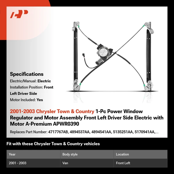 2001-2003 Chrysler Town & Country 1-Pc Power Window Regulator and Motor Assembly Front Left Driver Side Electric with Motor A-Premium APWR0390