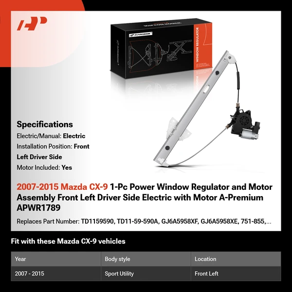 2007-2015 Mazda CX-9 1-Pc Power Window Regulator and Motor Assembly Front Left Driver Side Electric with Motor A-Premium APWR1789