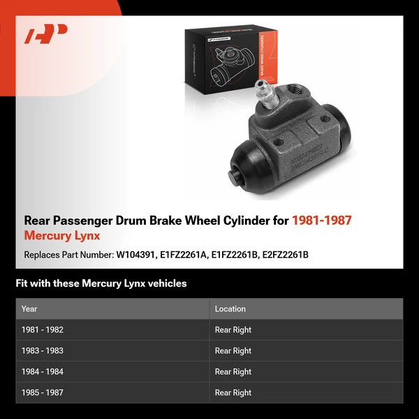 Rear Passenger Drum Brake Wheel Cylinder for 1981-1987 Mercury Lynx