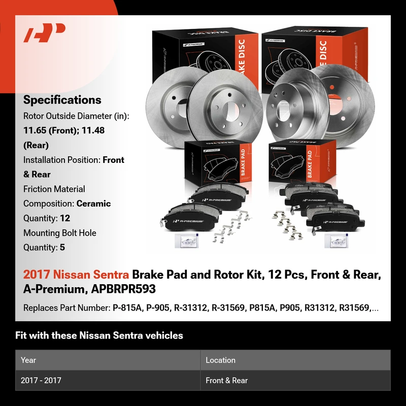 2017 Nissan Sentra Brake Pad and Rotor Kit, 12 Pcs, Front & Rear, A-Premium, APBRPR593