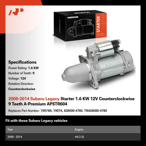 2008-2014 Subaru Legacy Starter 1.6 KW 12V Counterclockwise 9 Teeth A-Premium APSTR604