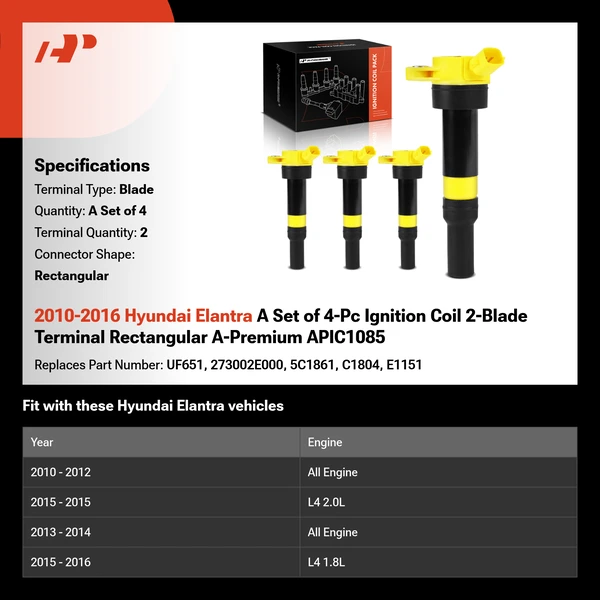 2010-2016 Hyundai Elantra A Set of 4-Pc Ignition Coil 2-Blade Terminal Rectangular A-Premium APIC1085