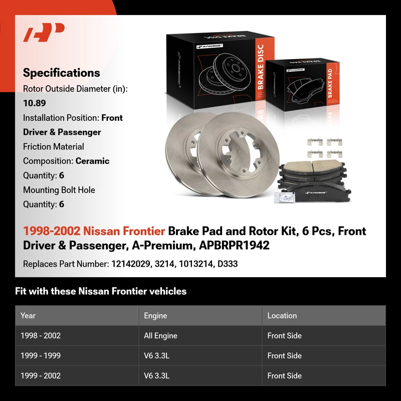 1998-2002 Nissan Frontier Brake Pad and Rotor Kit, 6 Pcs, Front Driver & Passenger, A-Premium, APBRPR1942