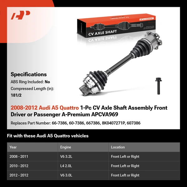 2008-2012 Audi A5 Quattro 1-Pc CV Axle Shaft Assembly Front Driver or Passenger A-Premium APCVA969