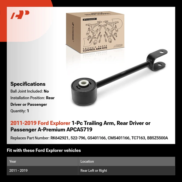 2011-2019 Ford Explorer 1-Pc Trailing Arm, Rear Driver or Passenger A-Premium APCA5719