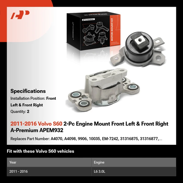 2011-2016 Volvo S60 2-Pc Engine Mount Front Left & Front Right A-Premium APEM932
