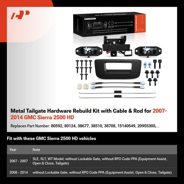 Metal Tailgate Hardware Rebuild Kit with Cable & Rod for 2007-2014 GMC Sierra 2500 HD