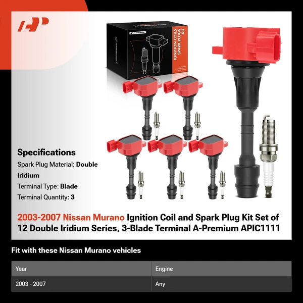 2003-2007 Nissan Murano Ignition Coil and Spark Plug Kit Set of 12 Double Iridium Series, 3-Blade Terminal A-Premium APIC1111