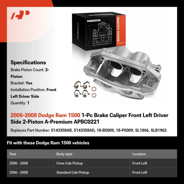 2006-2008 Dodge Ram 1500 1-Pc Brake Caliper Front Left Driver Side 2-Piston A-Premium APBC0221