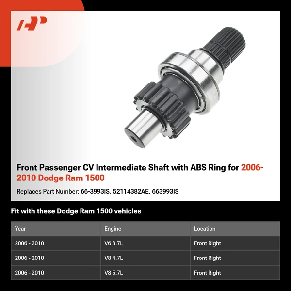 Front Passenger CV Intermediate Shaft with ABS Ring for 2006-2010 Dodge Ram 1500