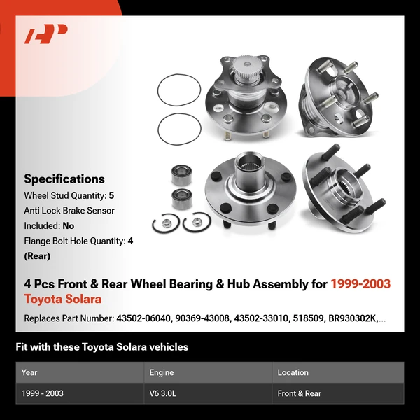 4 Pcs Front & Rear Wheel Bearing & Hub Assembly for 1999-2003 Toyota Solara