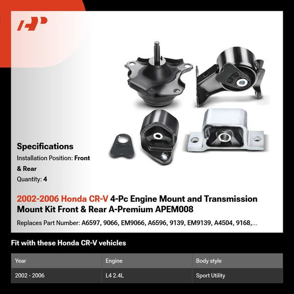 2002-2006 Honda CR-V 4-Pc Engine Mount and Transmission Mount Kit Front & Rear A-Premium APEM008