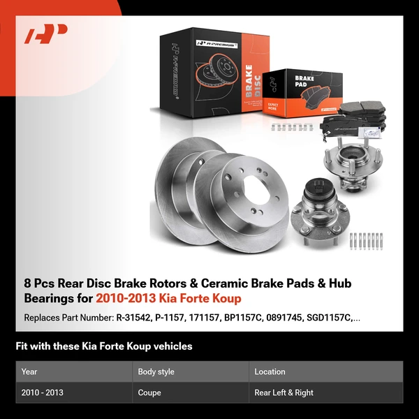 8 Pcs Rear Disc Brake Rotors & Ceramic Brake Pads & Hub Bearings for 2010-2013 Kia Forte Koup