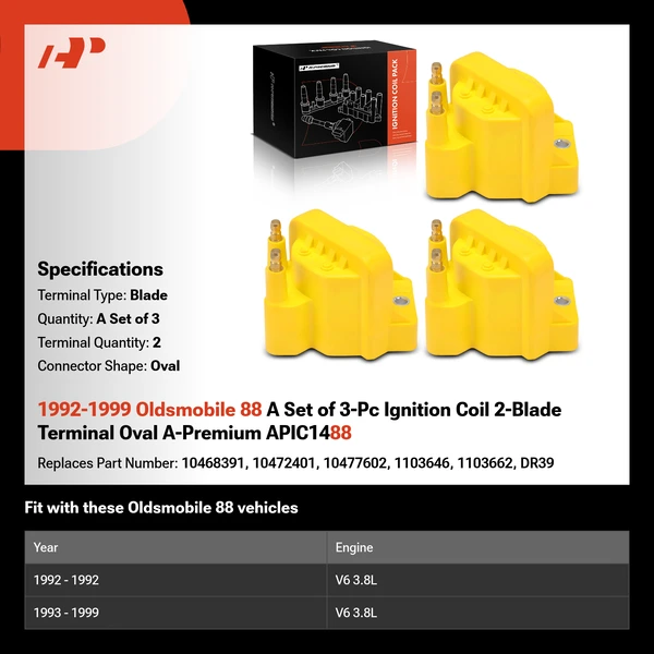 1992-1999 Oldsmobile 88 A Set of 3-Pc Ignition Coil 2-Blade Terminal Oval A-Premium APIC1488