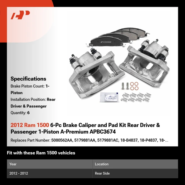 2012 Ram 1500 6-Pc Brake Caliper and Pad Kit Rear Driver & Passenger 1-Piston A-Premium APBC3674