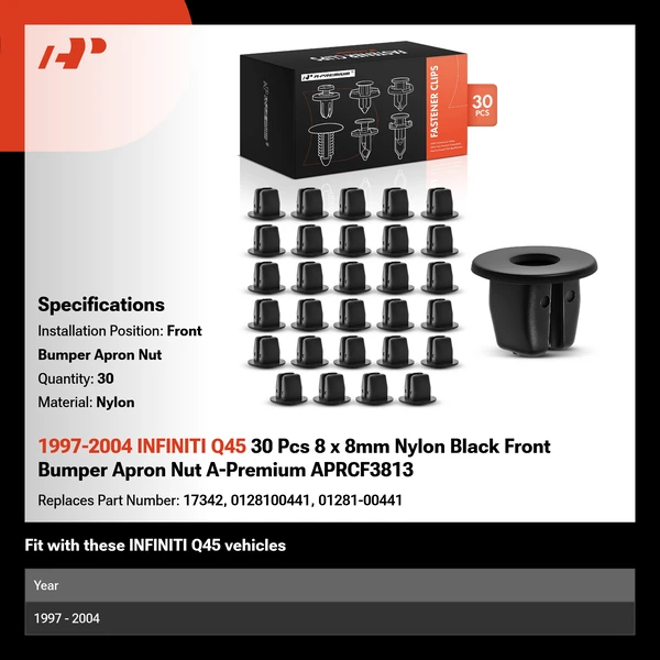 1997-2004 INFINITI Q45 30 Pcs 8 x 8mm Nylon Black Front Bumper Apron Nut A-Premium APRCF3813