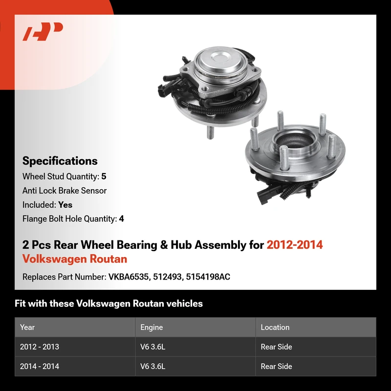 2 Pcs Rear Wheel Bearing & Hub Assembly for 2012-2014 Volkswagen Routan