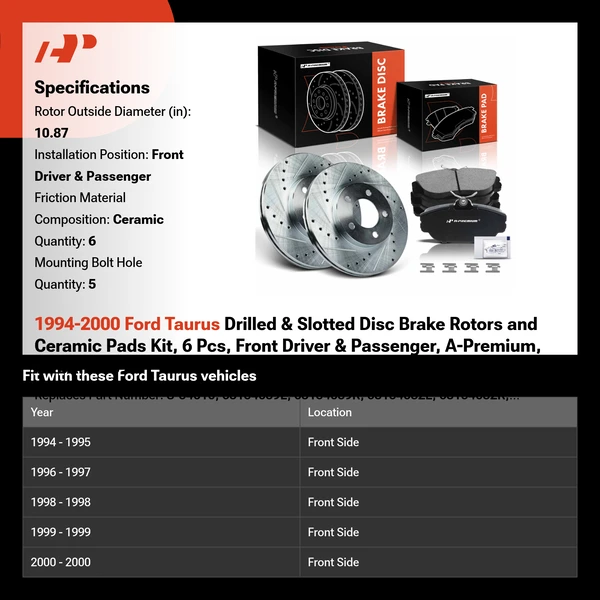 1994-2000 Ford Taurus Drilled & Slotted Disc Brake Rotors and Ceramic Pads Kit, 6 Pcs, Front Driver & Passenger, A-Premium, APBRPS339