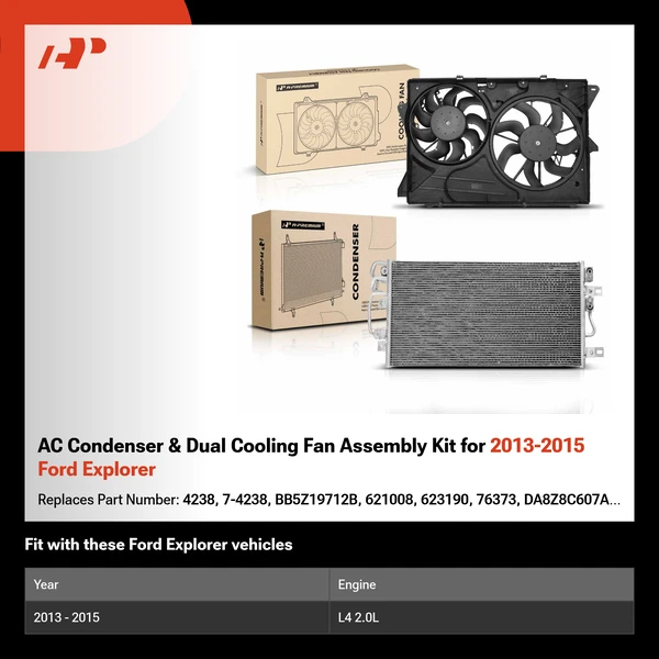 AC Condenser & Dual Cooling Fan Assembly Kit for 2013-2015 Ford Explorer
