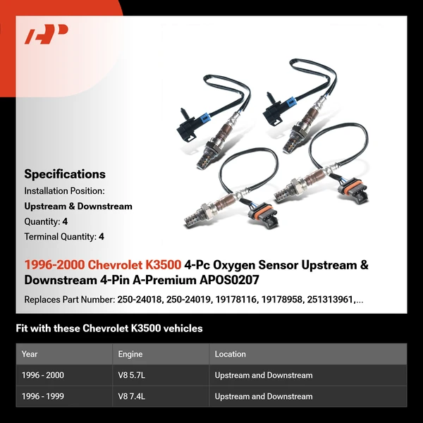 1996-2000 Chevrolet K3500 4-Pc Oxygen Sensor Upstream & Downstream 4-Pin A-Premium APOS0207