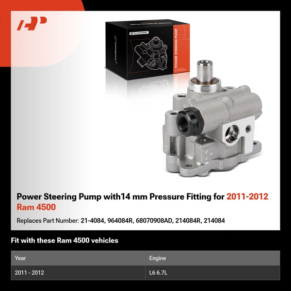 Power Steering Pump with14 mm Pressure Fitting for 2011-2012 Ram 4500