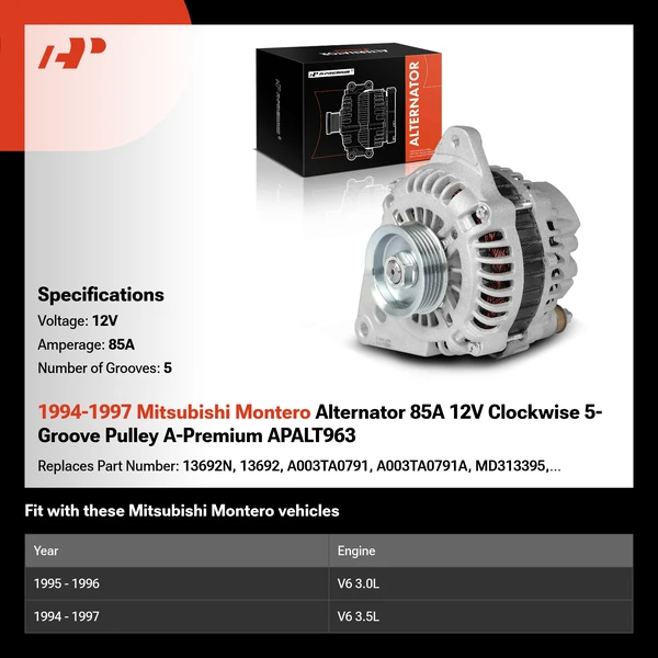 1994-1997 Mitsubishi Montero Alternator 85A 12V Clockwise 5-Groove Pulley A-Premium APALT963