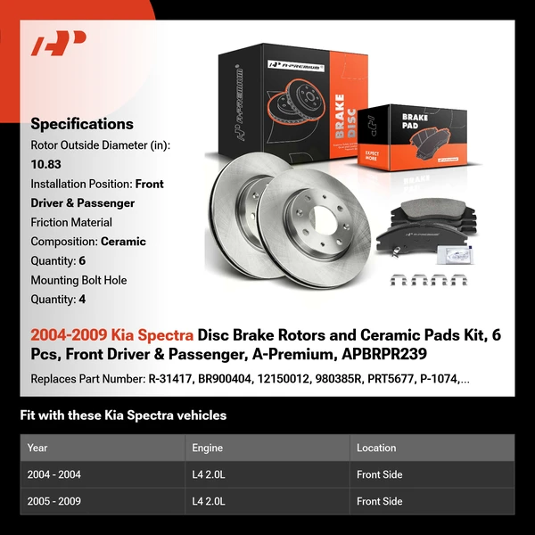 2004-2009 Kia Spectra Disc Brake Rotors and Ceramic Pads Kit, 6 Pcs, Front Driver & Passenger, A-Premium, APBRPR239