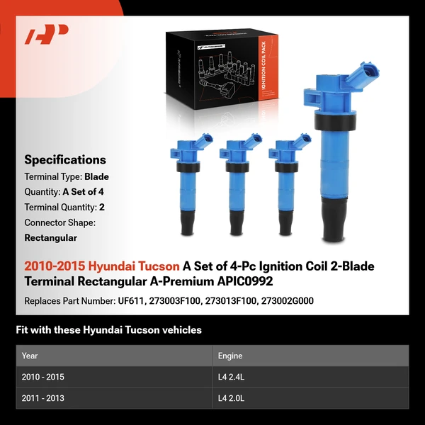 2010-2015 Hyundai Tucson A Set of 4-Pc Ignition Coil 2-Blade Terminal Rectangular A-Premium APIC0992