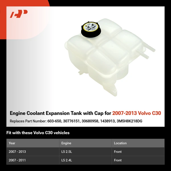 Engine Coolant Expansion Tank with Cap for 2007-2013 Volvo C30
