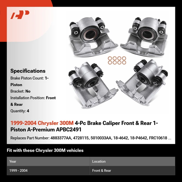 1999-2004 Chrysler 300M 4-Pc Brake Caliper Front & Rear 1-Piston A-Premium APBC2491