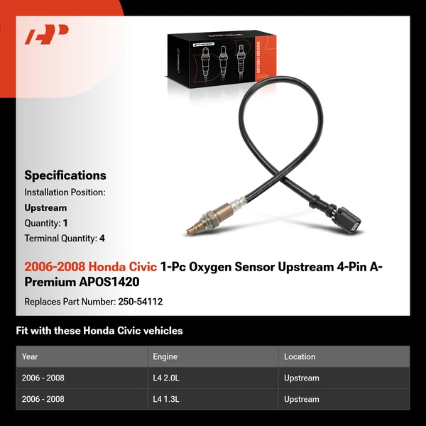 2006-2008 Honda Civic 1-Pc Oxygen Sensor Upstream 4-Pin A-Premium APOS1420