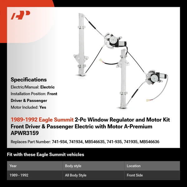 1989-1992 Eagle Summit 2-Pc Window Regulator and Motor Kit Front Driver & Passenger Electric with Motor A-Premium APWR3159