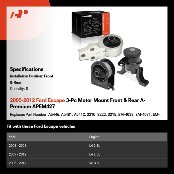 2005-2012 Ford Escape 3-Pc Motor Mount Front & Rear A-Premium APEM427