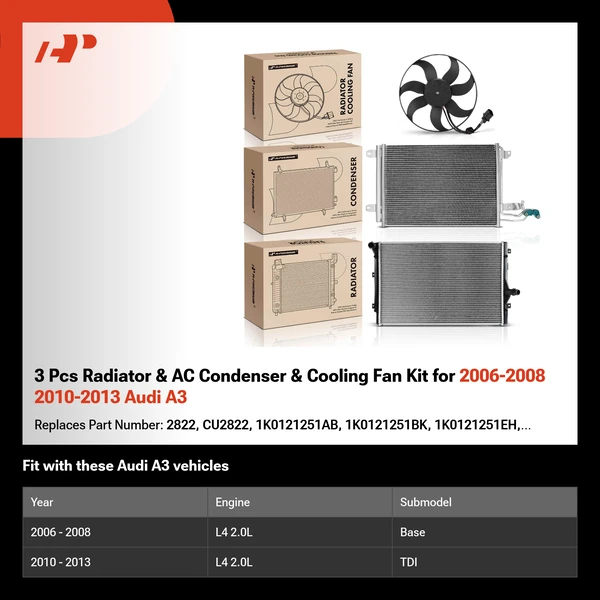 3 Pcs Radiator & AC Condenser & Cooling Fan Kit for 2006-2008 2010-2013 Audi A3