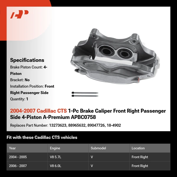 2004-2007 Cadillac CTS 1-Pc Brake Caliper Front Right Passenger Side 4-Piston A-Premium APBC0758